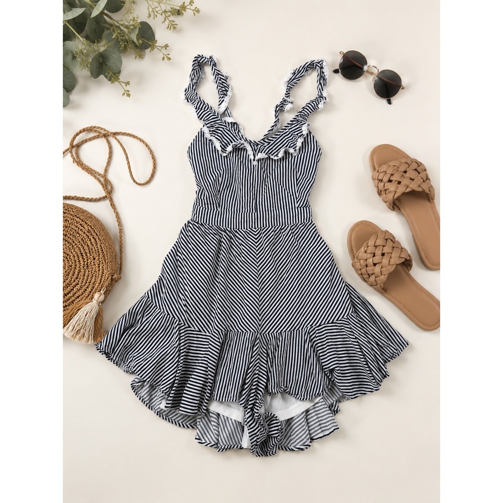 Entro Womens Black White Striped Lace Up Ruffle Romper Size L